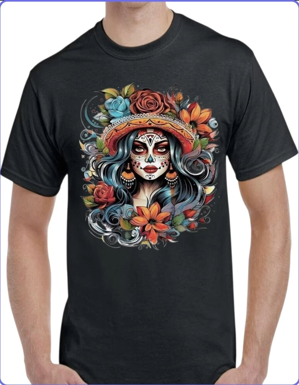 Sugar Skull Catrina Black Men's T-Shirt Small To 3X-Large Style 10