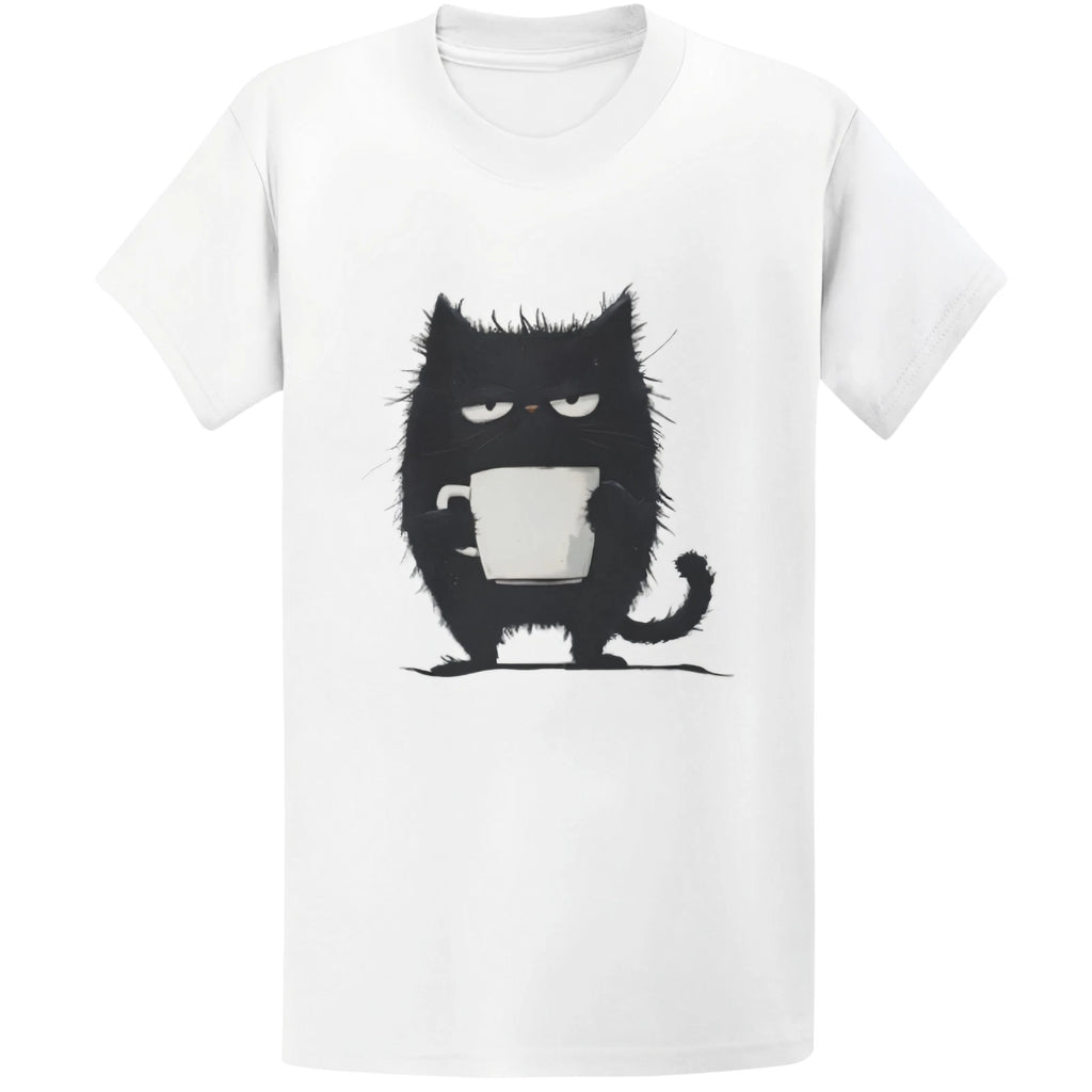 Gildan 5000 Grumpy Black Cat Coffee T-Shirt - Kawaii Tired Cat Lover Gift Tee