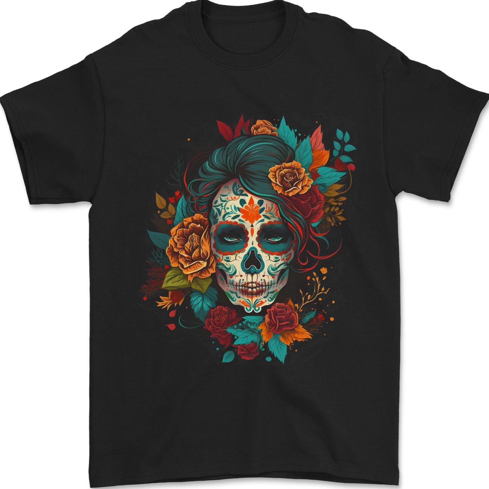 A Sugar Skull With Flowers Day of the Dead Mens T-Shirt 100% Cotton