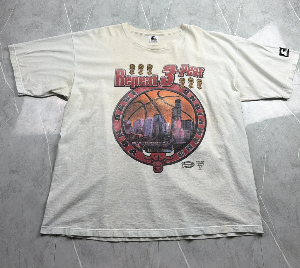 Vintage 1998 Chicago Bulls Repeat 3-Peat NBA Finals Starter T-Shirt White XL 90s