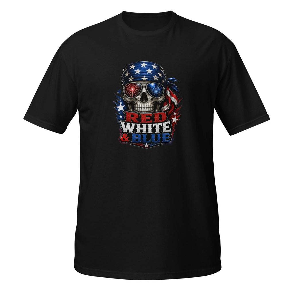Red White & Blue Skull Patriotic T-Shirt USA American Flag Unisex Gildan Tee