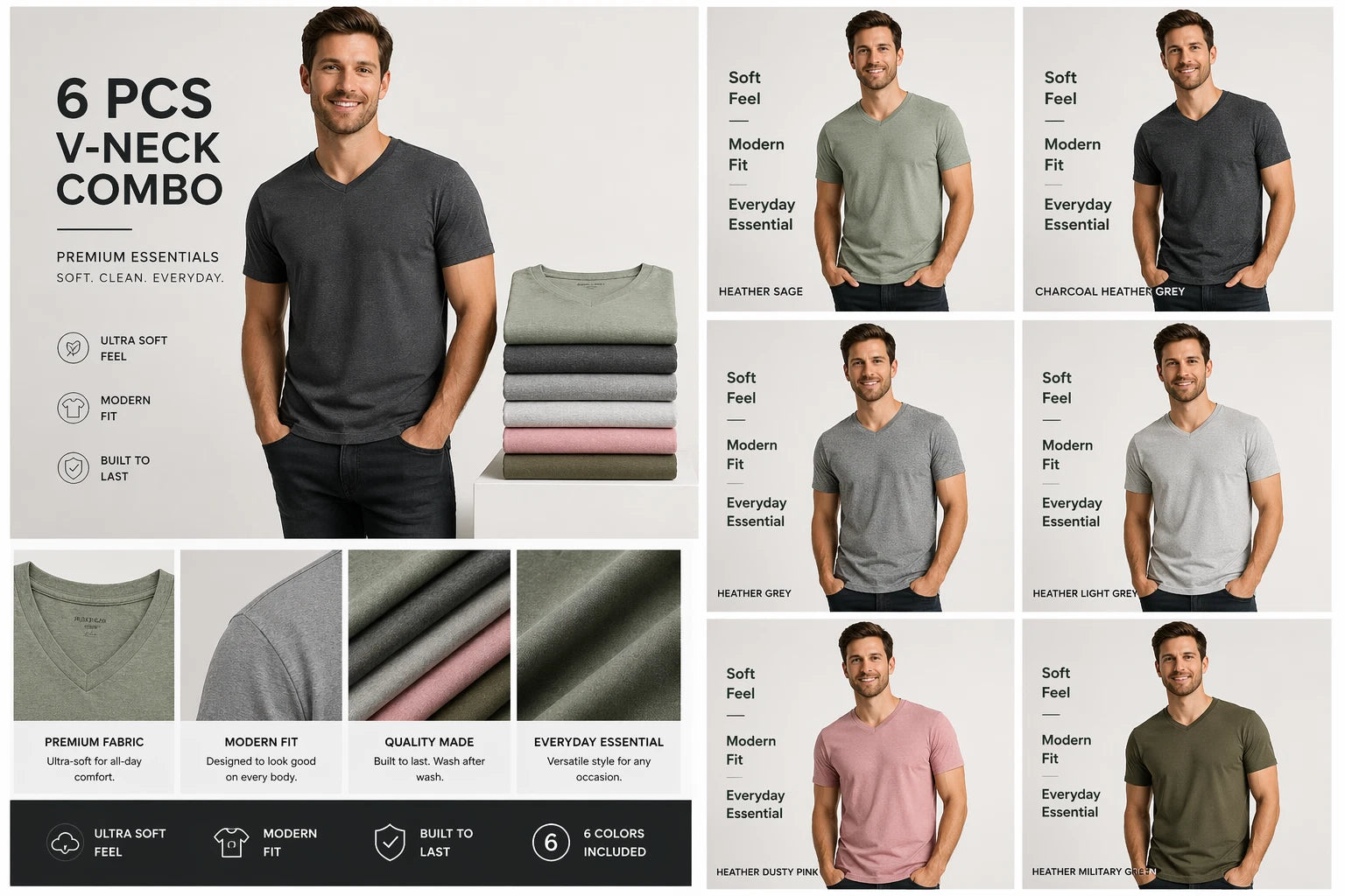 True Classic V-Neck T-Shirts 6 Pack Men Size M New No Tags Soft Premium Fit