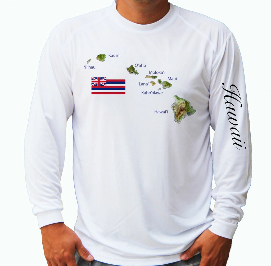 Hawaii Islands Map Long Sleeve UPF 30 T-Shirt Boat Beach Sport UV Protection