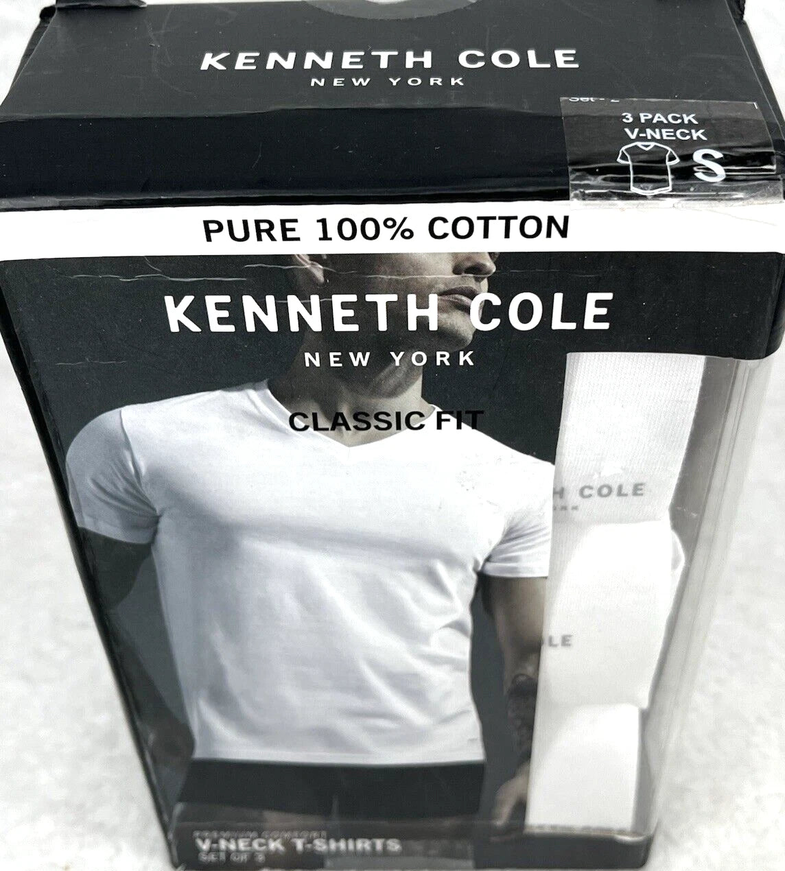 Kenneth Cole Men's V-Neck T-Shirt Sz Small Classic Fit 100% Cotton White 3-Pk