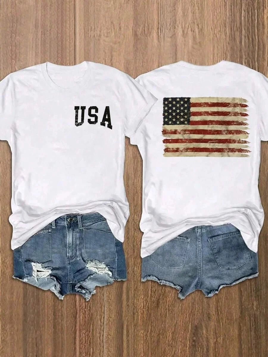 Short Sleeve T-Shirt With American Flag And Slogan Print Graphic Tees