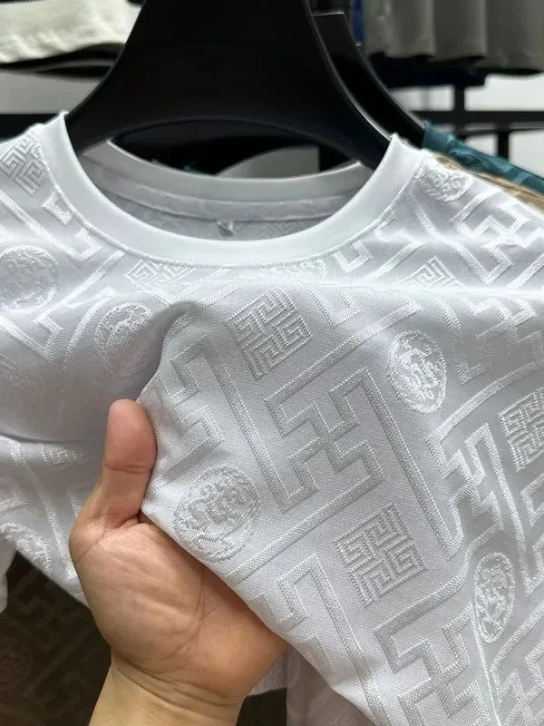 NEW MENS JACQUARD T SHIRT CASUAL SHORT SLEEVE ROUND NECK BREATHABLE FASHION TOP