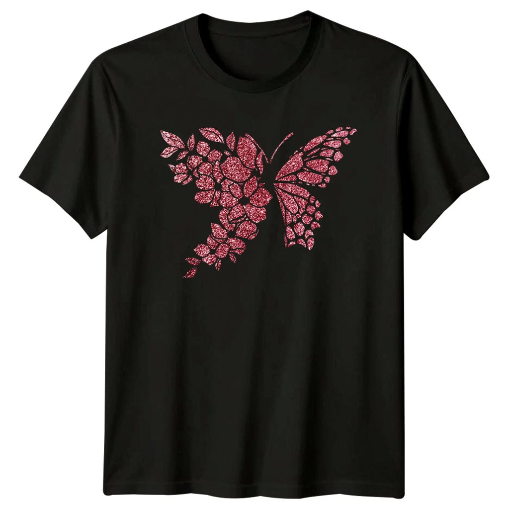 Sparkling Floral Butterfly Design Womens T-Shirt Glitter Design Nature Fashion