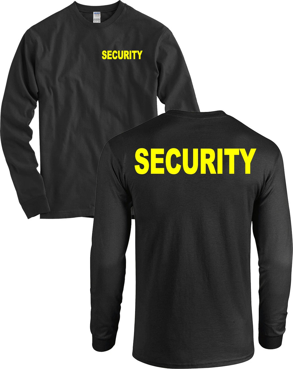 SECURITY Front and Back Long Sleeve Shirt Huge NEON YELLOW LETTERS Black - NEW