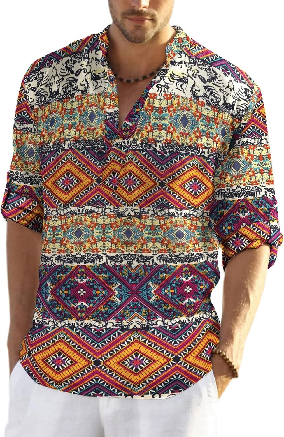 Coofandy T Shirt Modern Geometric Mens Henley TShirt Long Sleeve Hippie Casual
