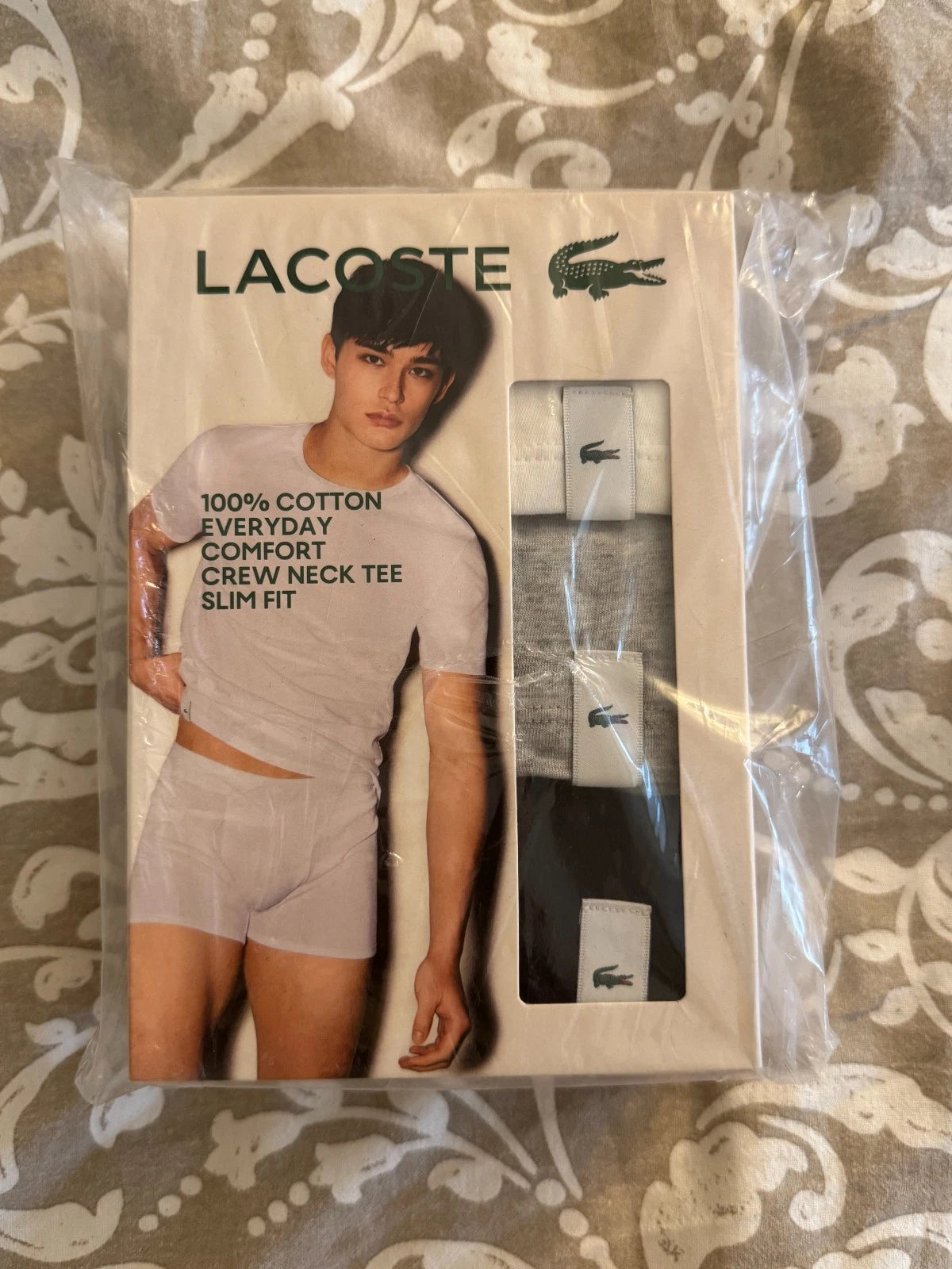 Lacoste Men's 3-Pack 100% Cotton Slim Fit Crew Undershirts M White Grey Black