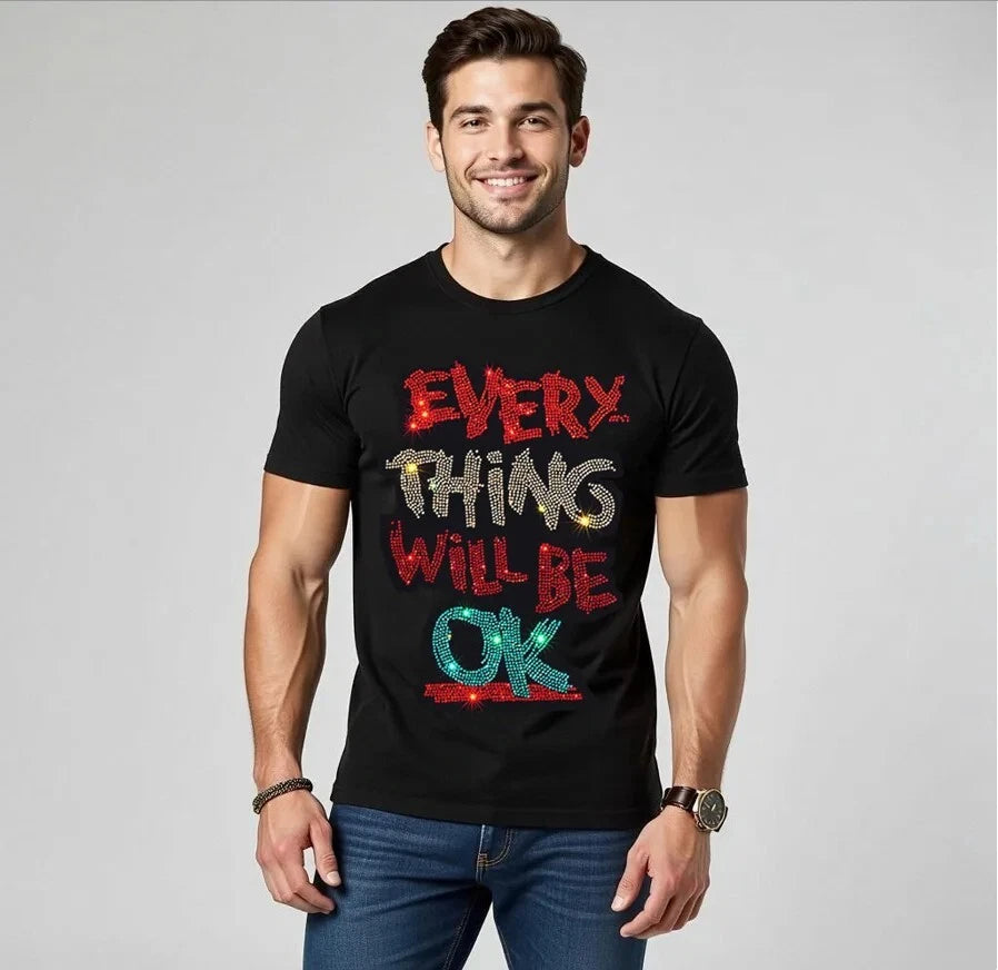 New Men Luxury Rhinestones Fashion Diamonds Black White T-Shirt High Quality