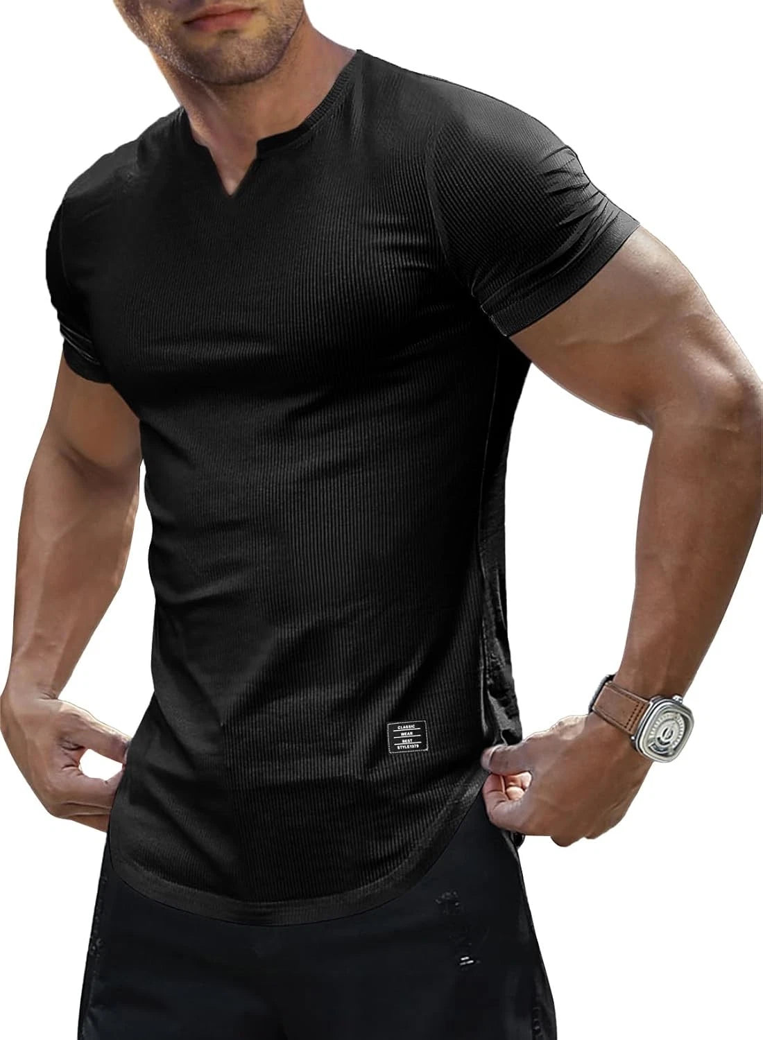 Mens Muscle Slim T Shirts Texture V Neck Longline Henley Gym