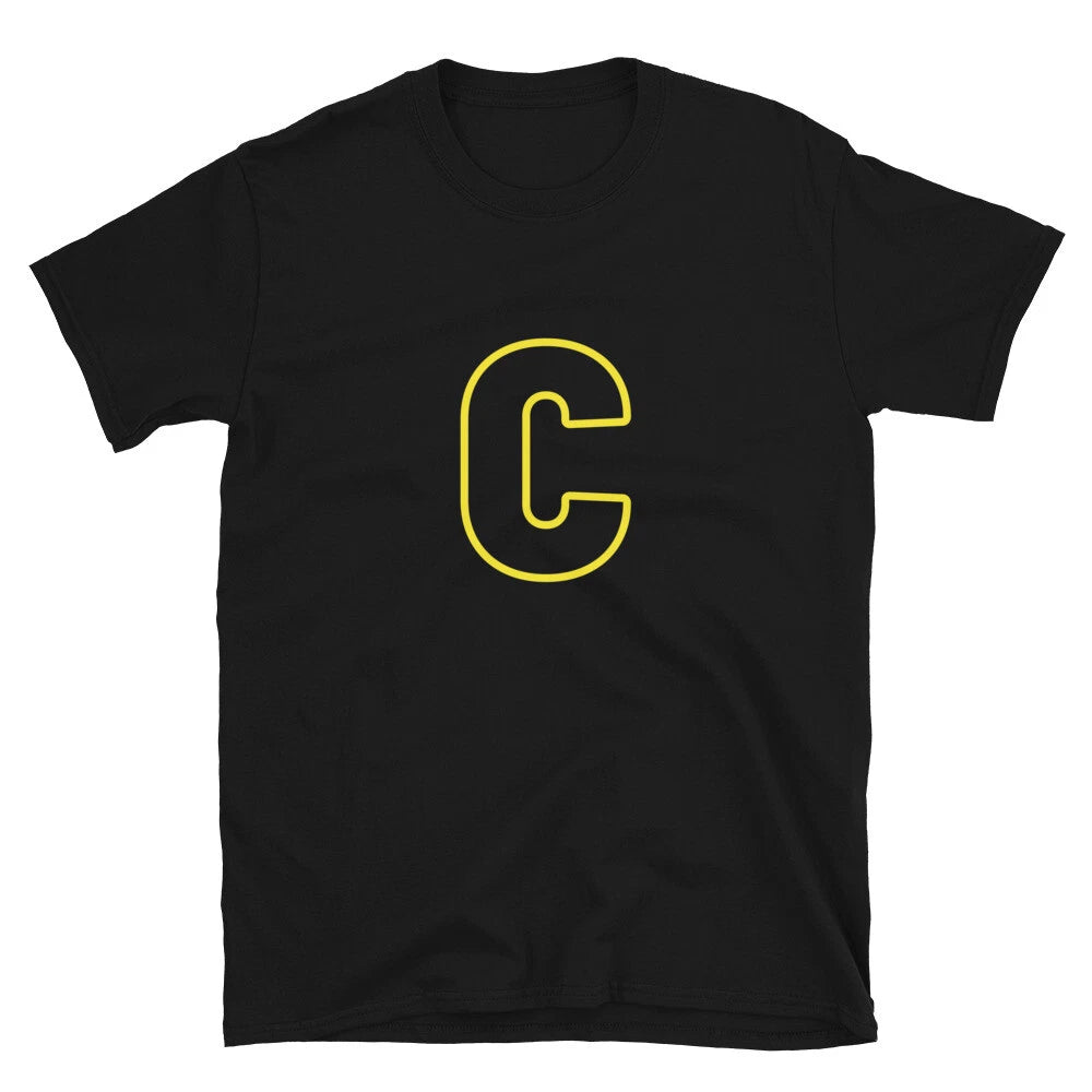 Letter  C Yellow Bold Font Simple Black T-Shirt