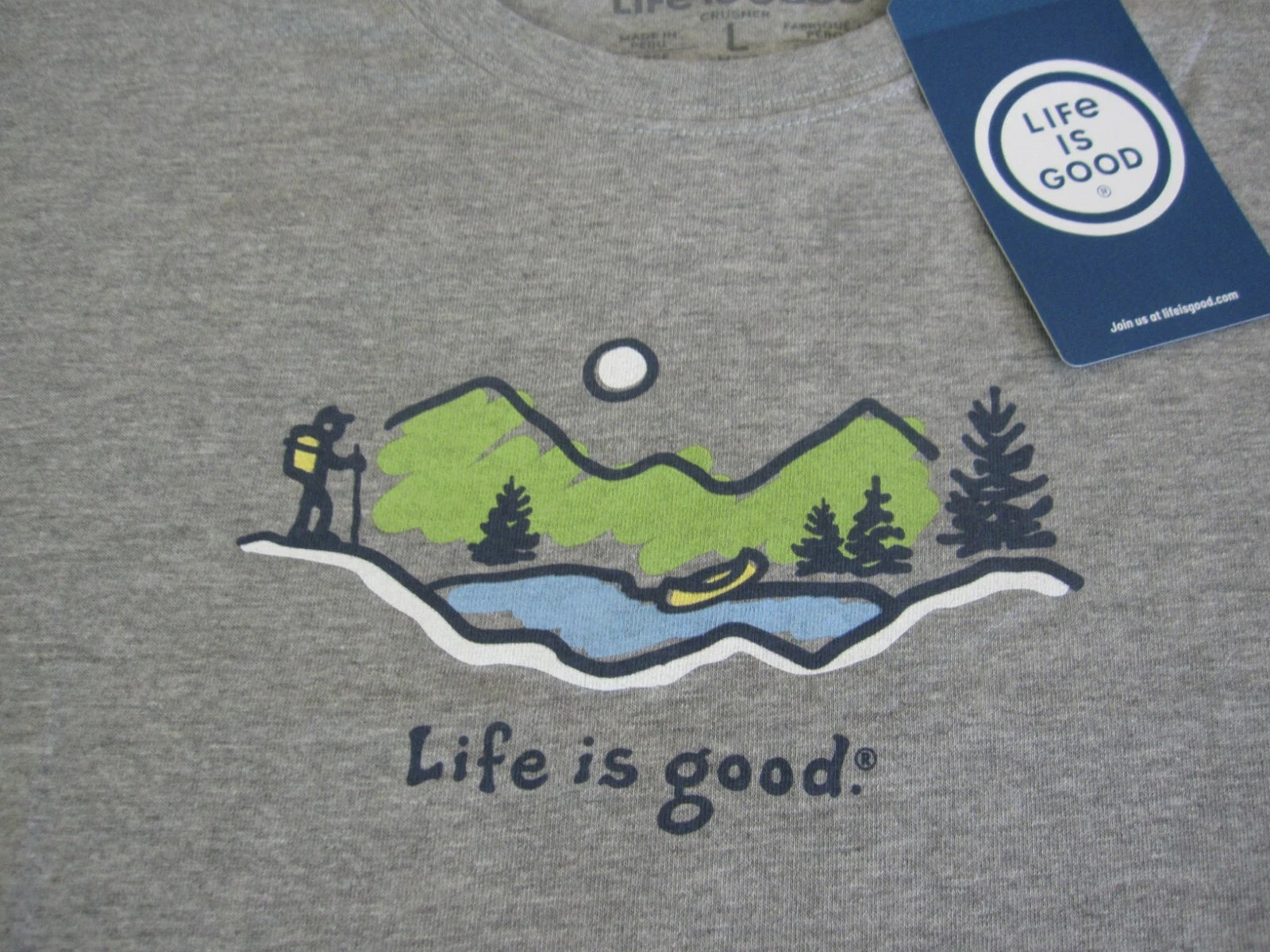 LIFE IS GOOD NEW Canoe Backpack Hike Hiking Mens Grey SS TShirt NWT Size Large L