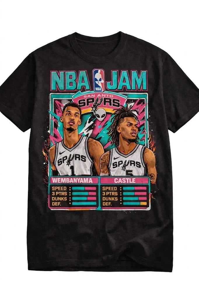 NBA Jam Spurs Wembanyama Castle Retro Game Style Basketball T shirt