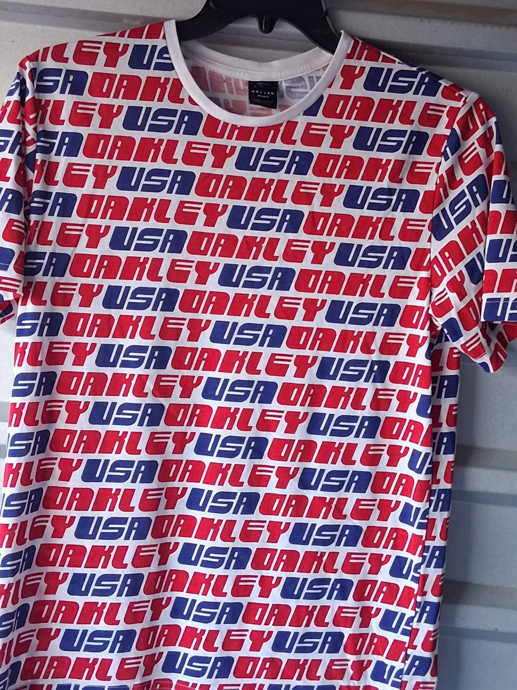 Vintage Oakley Shirt Mens Medium Red Blue Allover AOP USA Custom Fit Graphic 90s