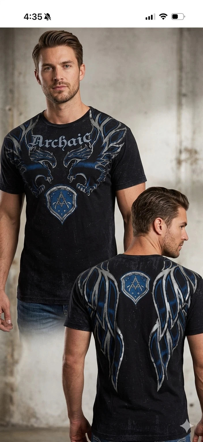 ARCHAIC by AFFLICTION Black Blue RIDE IT Short Sleeve Slim Fit Y2K T-shirt NWT