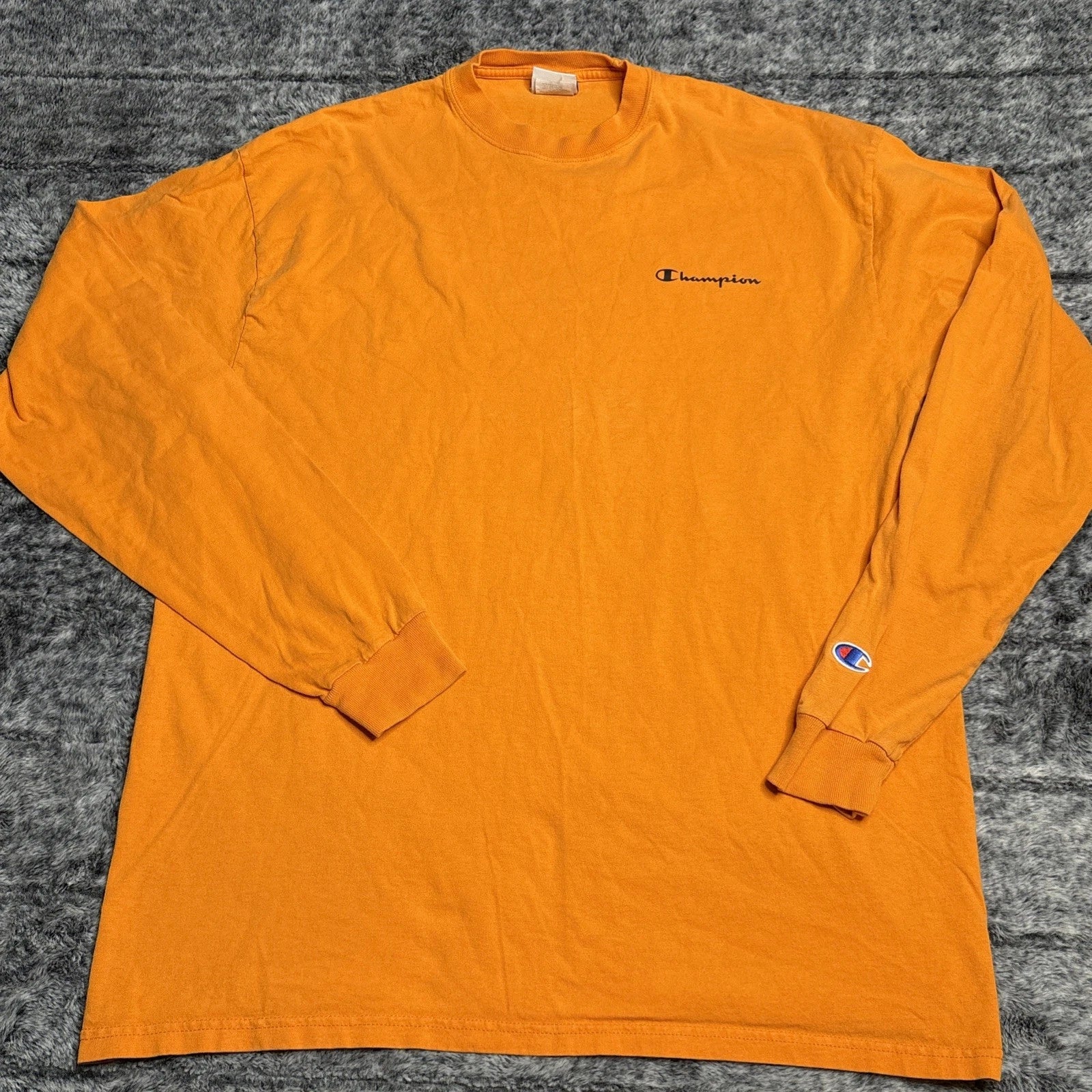 VTG Champion Y2K Crewneck Long Sleeve Shirt Orange w/ Black Simple Logo Honduras
