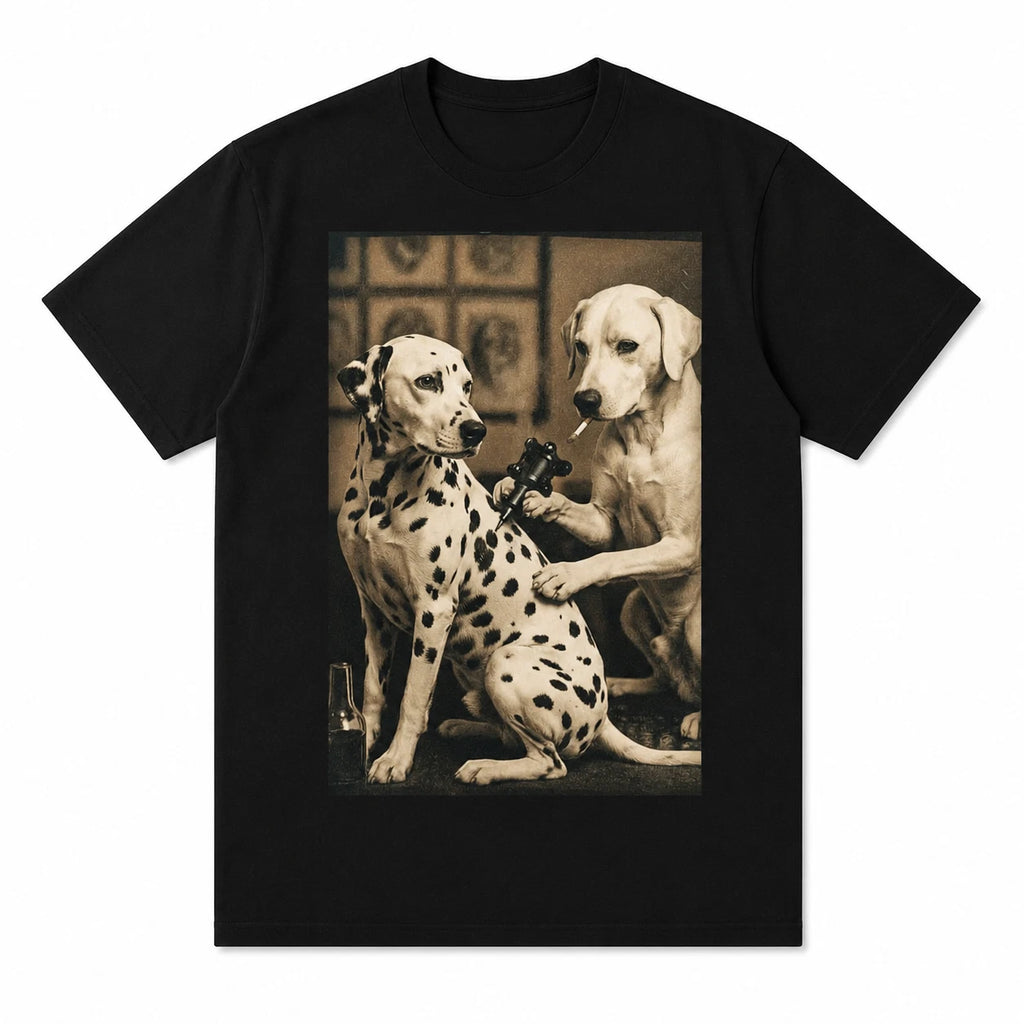 Funny Dog Tattoo Artist T-Shirt Vintage Dalmatian Tattooing Graphic Tee Black