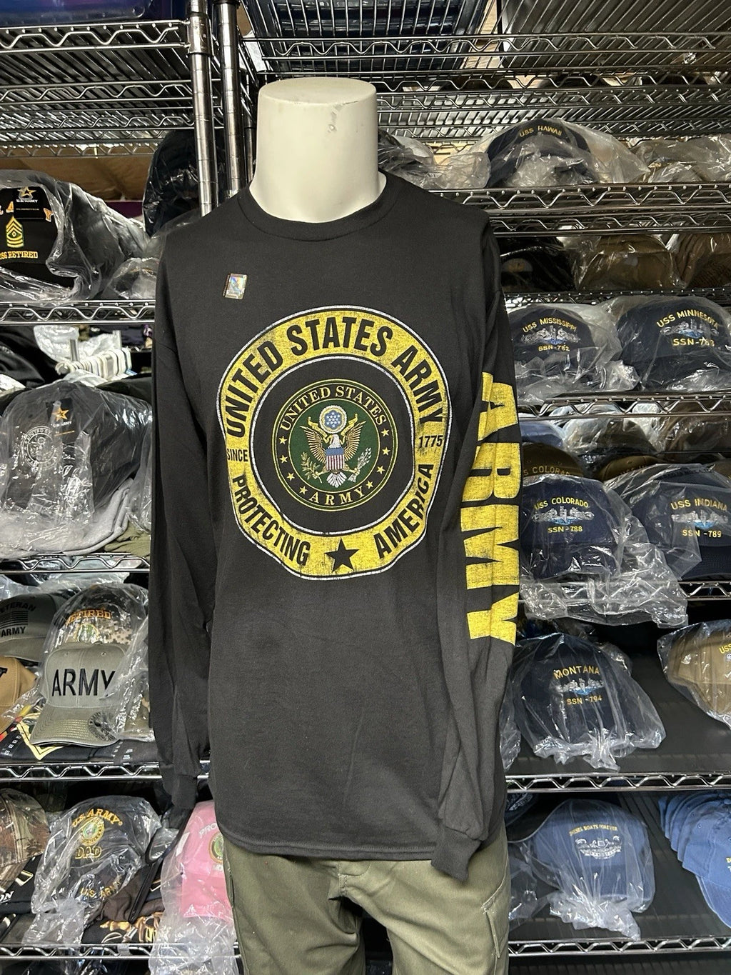 US Army Long Sleeve  Black T-Shirt Protecting America Veteran Sleeve Print