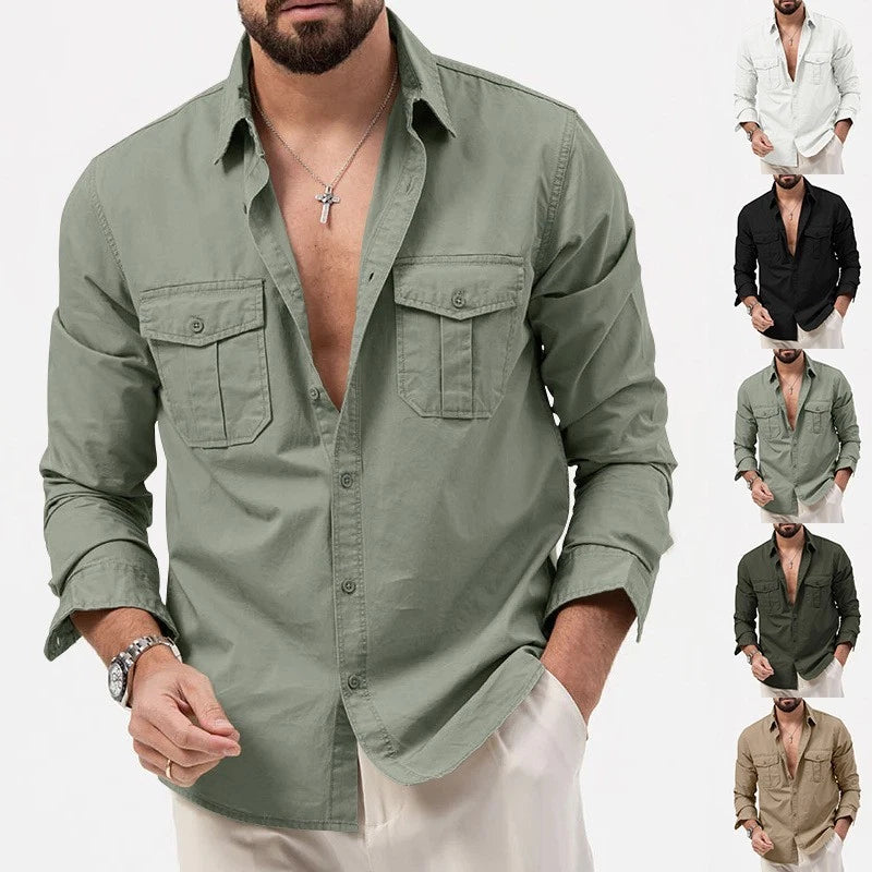 Men's new shirt with multiple pockets, casual long sleeved top, shirt