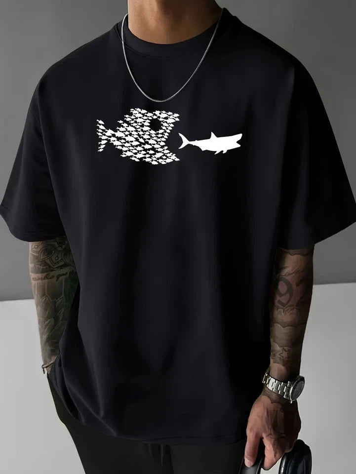 Fish Print T-Shirt - Crew Neck Short Sleeve Tee with Fish