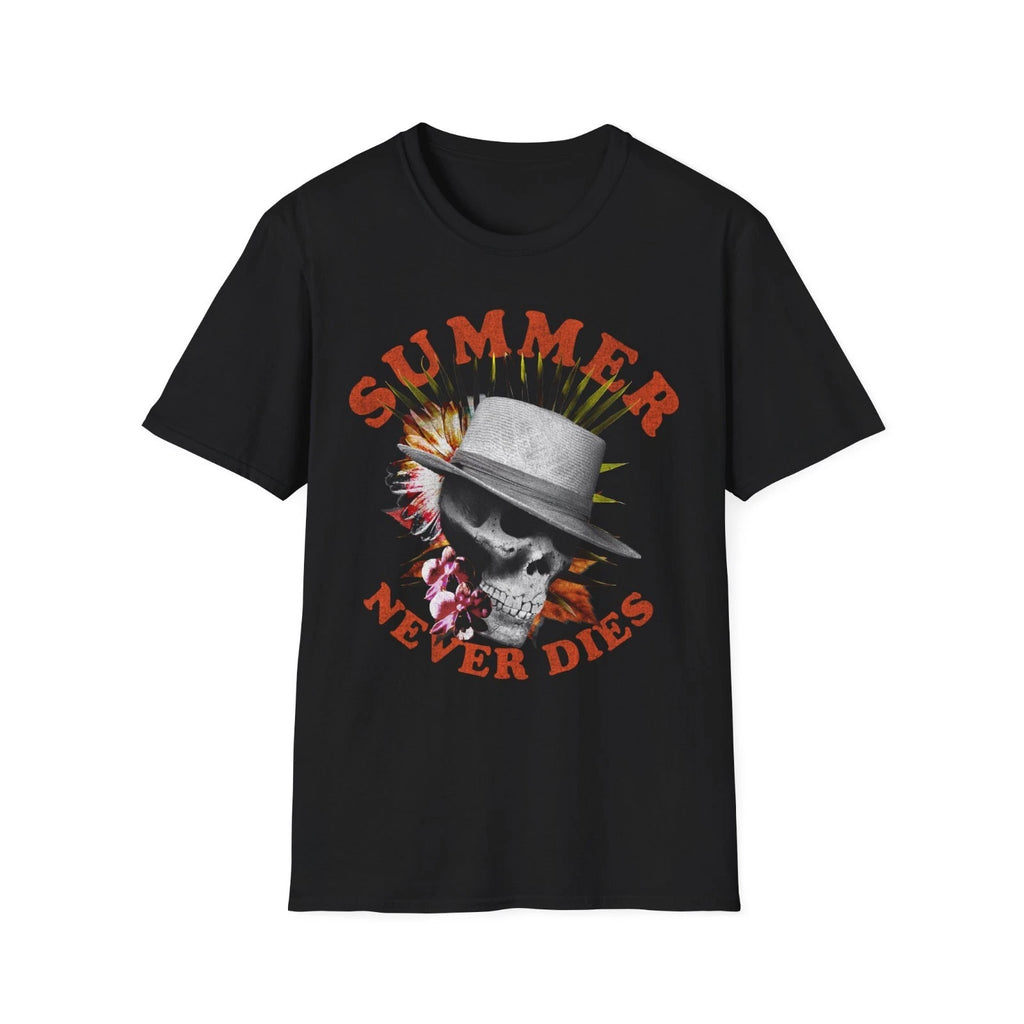 Summer Never Dies T-Shirt Tropical Skull Graphic Tee Beach Vacation Summer Shirt