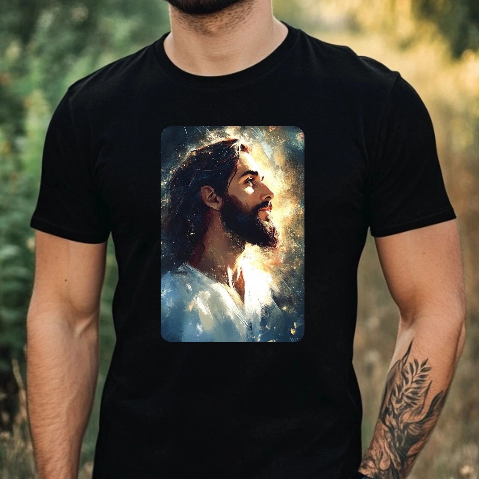 Mens Jesus Portrait Motif Cotton T-Shirt Size XS to 5XL