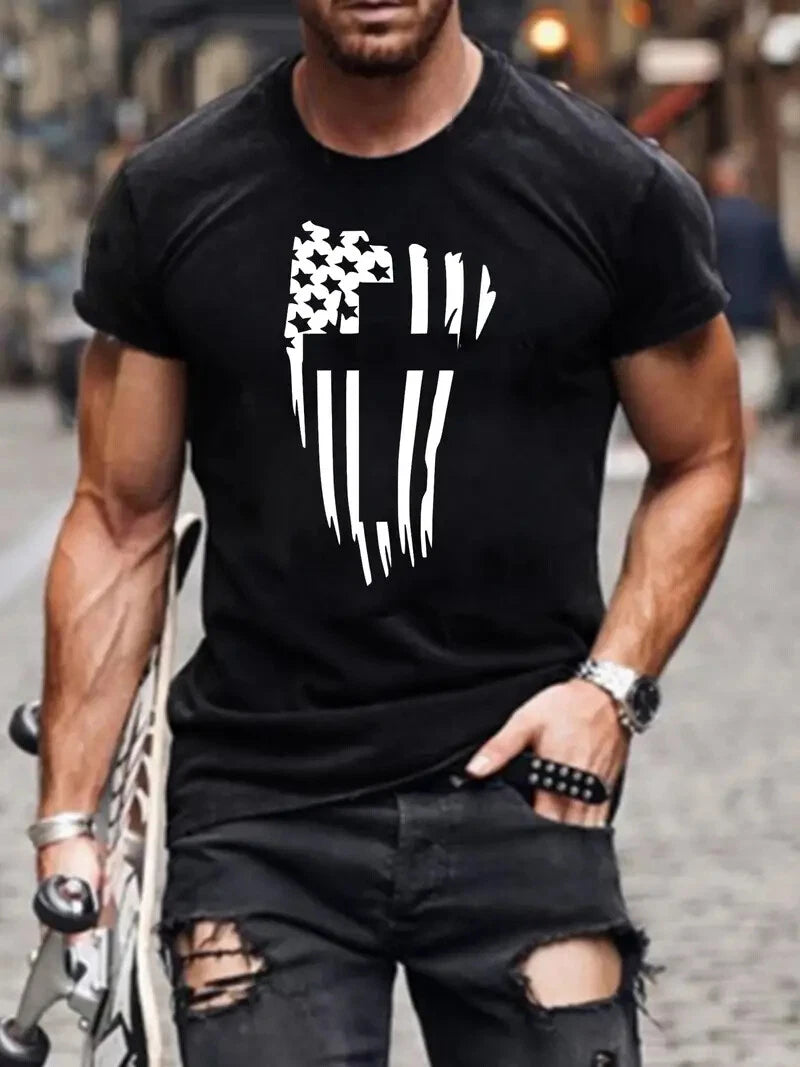 T Shirt USA American Flag Christian Cross Casual Black Patriot Graphic Print Tee