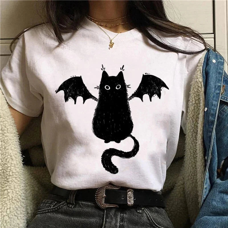 Women T-shirt Cartoon Cat Mushroom Halloween Print T-shirts Short Sleeve