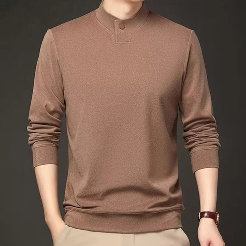Men Long Sleeve Tee Four Seasons Long Sleeves Stand-up Collar Solid Pattern