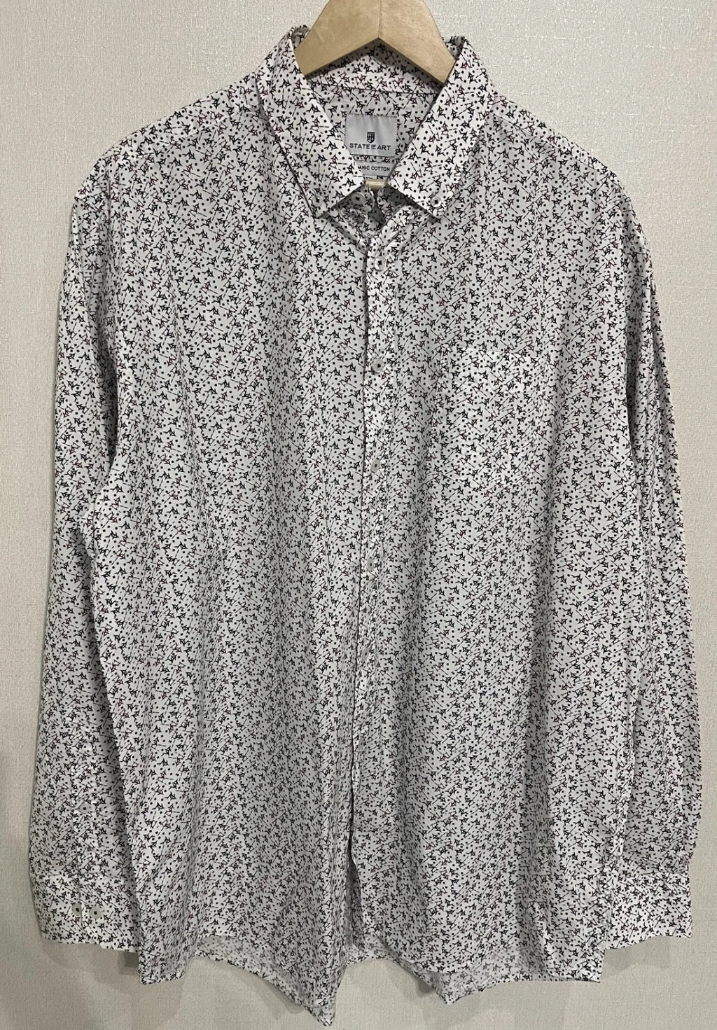 State of Art Men's Shirt XXL White Geometric Print Long Sleeve Organic Cotton