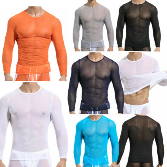 Mens Long Sleeve See Through Mesh T Shirt Sexy Muscle Clubwear Blouse Tops Tee⇖