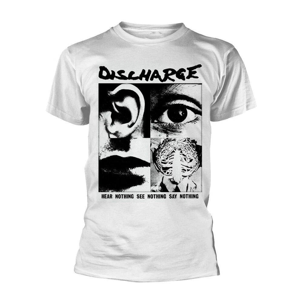 Discharge - HEAR NOTHING SEE NOTHING - A New Official WHITE T SHIRT : punk , oi