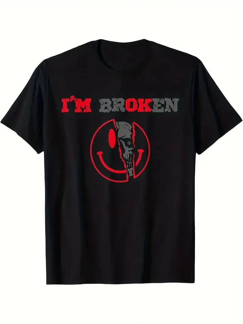 Men's "I'm Broken" Skull Graphic T-Shirt - Black Cotton Crew Neck Tee with Red &