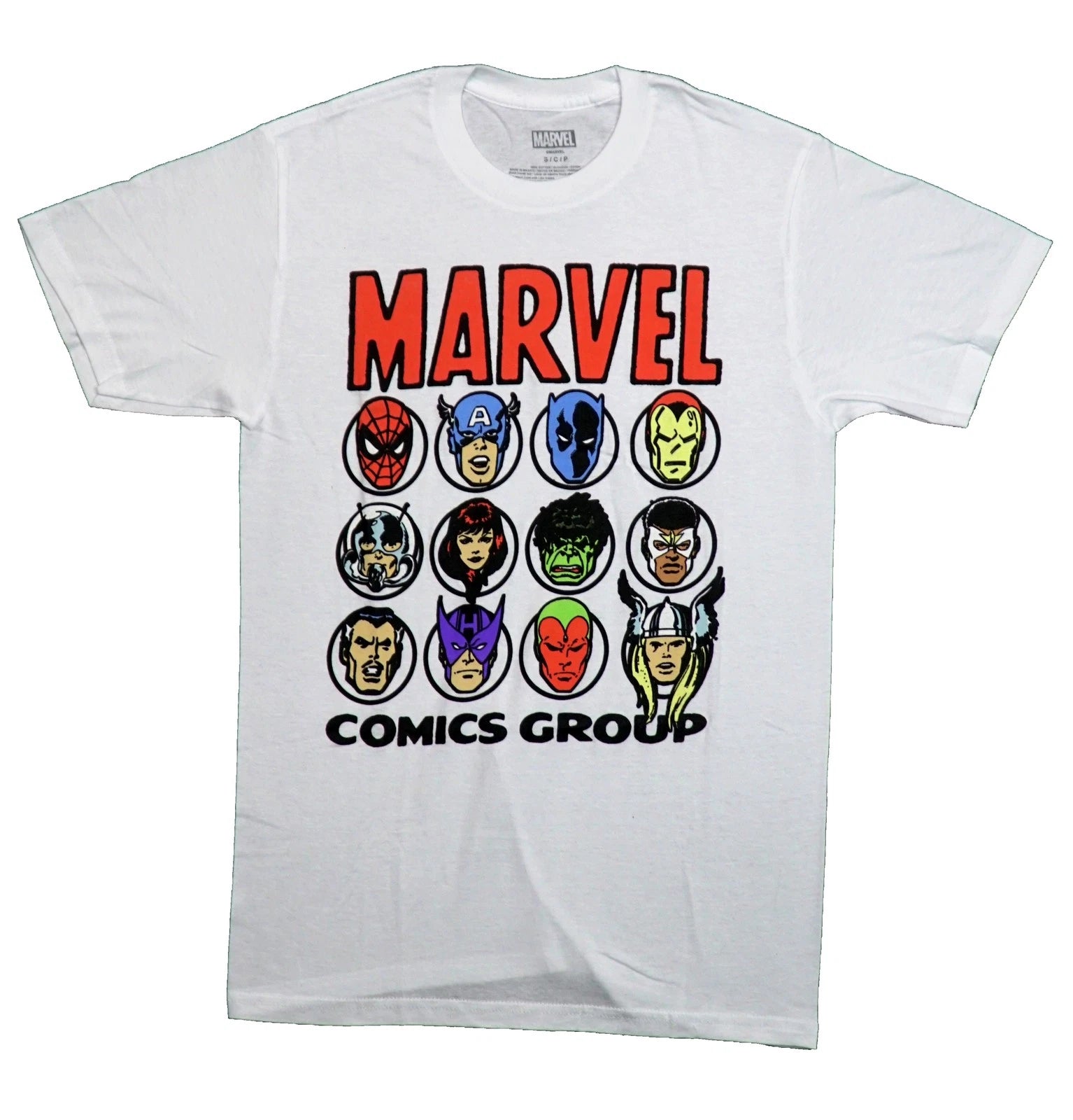 Marvel Comics New Adult T-Shirt - 12 Character Retro Head Shots Under Logo