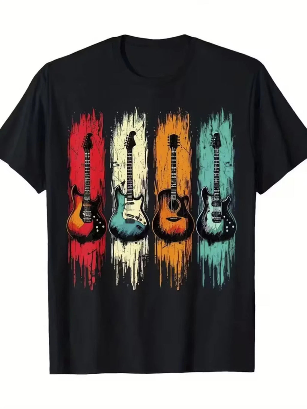 Men's Retro Music Tee - 100% Cotton Black T-Shirt with Vintage Guitar & Graphics