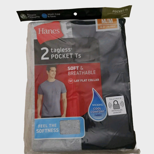 2 pack Hanes MEDIUM Mens Pocket T-Shirt Soft & Breathable Wicking Cool Comfort