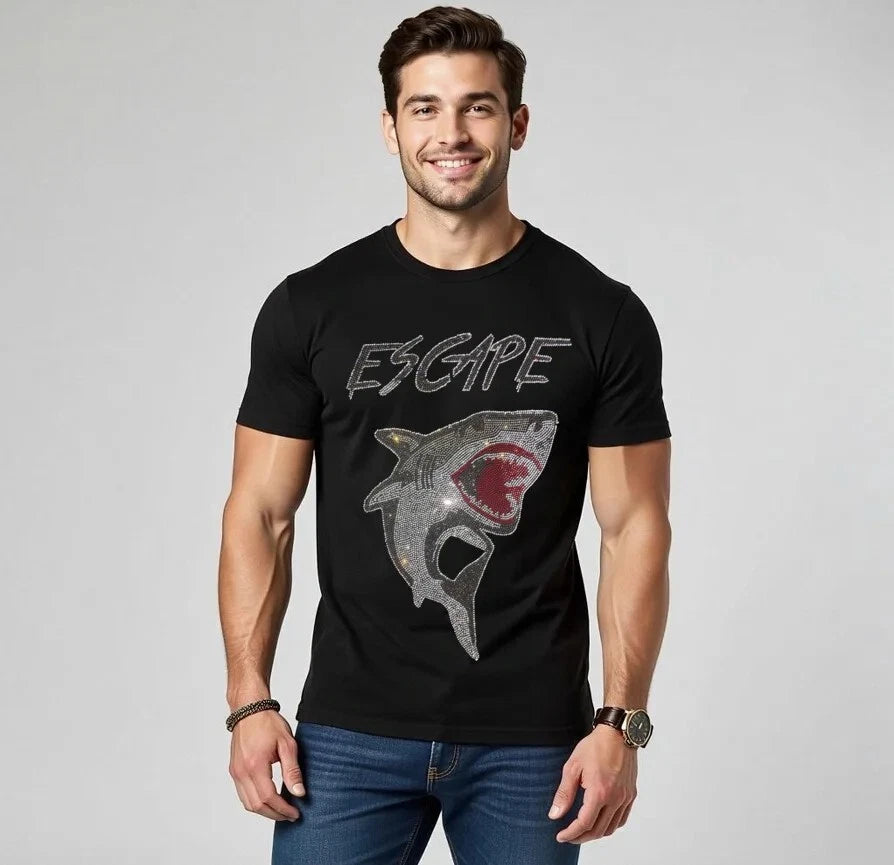 New Men Fashion Diamond Shark Rhinestones Luxury Black White T-Shirt