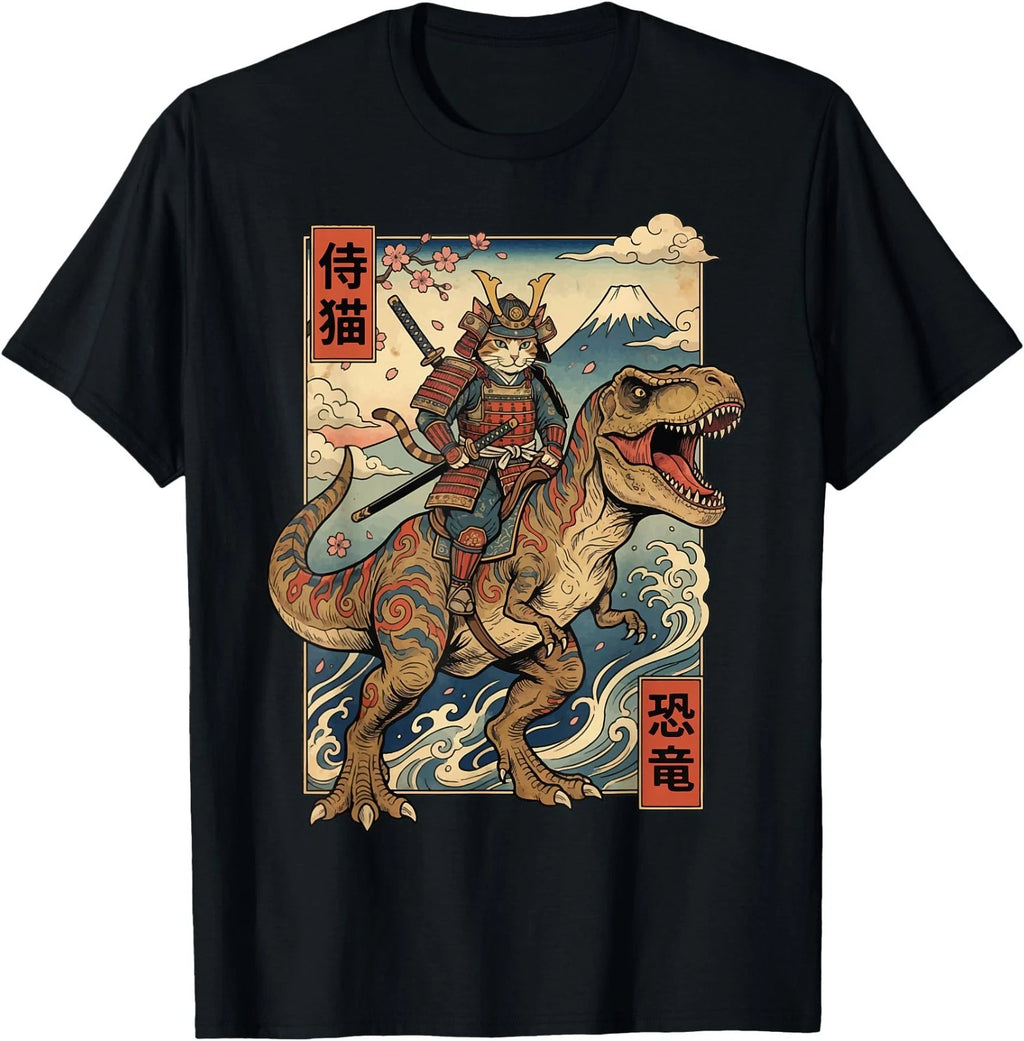 Samurai Cat Riding Dinosaur Japan T-Rex Katana Graphic T-Shirt