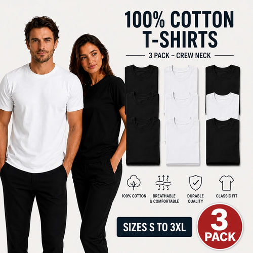 3 Pack 100% Cotton T-Shirts Unisex Crew Neck Heavyweight Tee S-3XL Premium