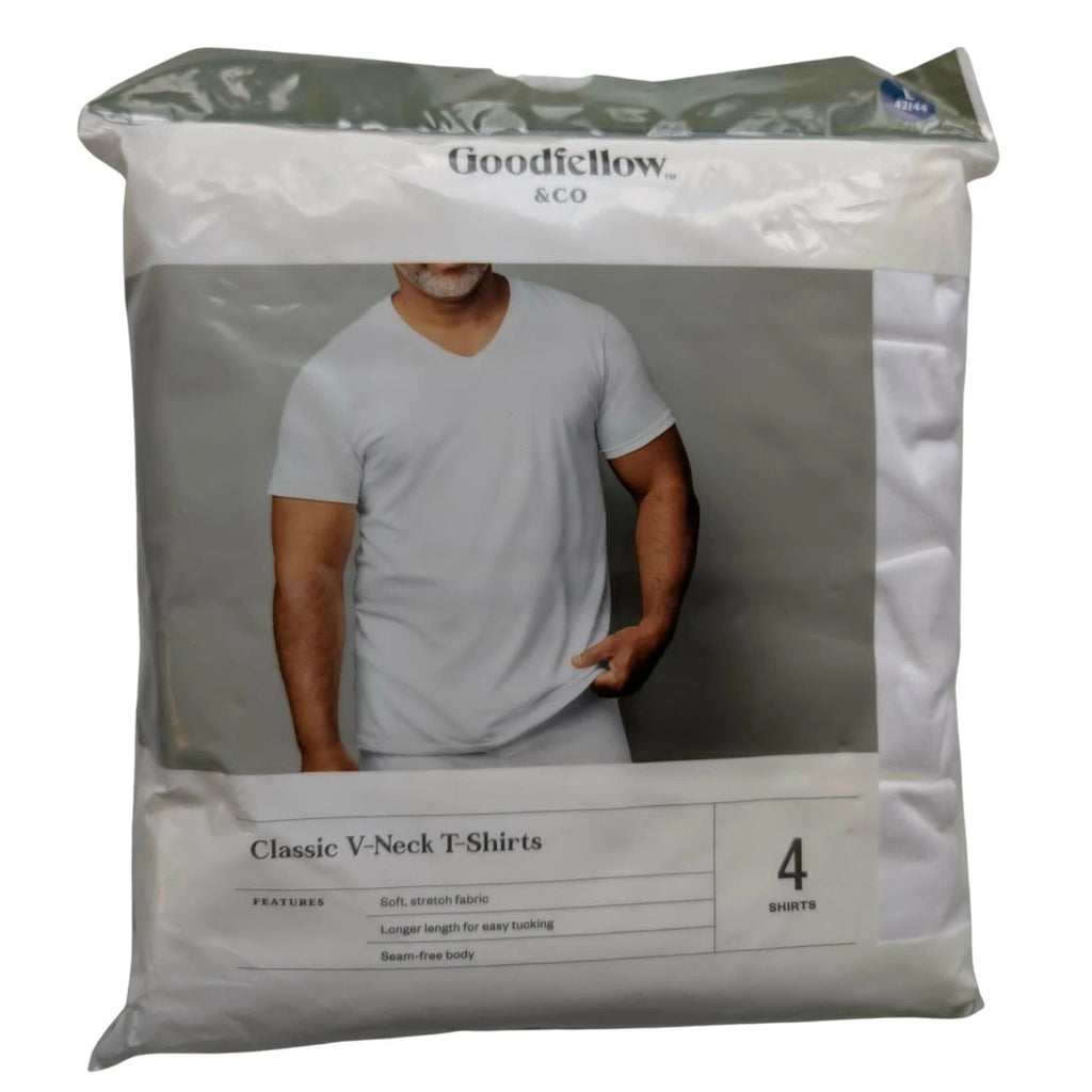 GOODFELLOW Classic T-shirts 100% Cotton WHITE V-NECK 4 ct Soft Stretch - XLARGE