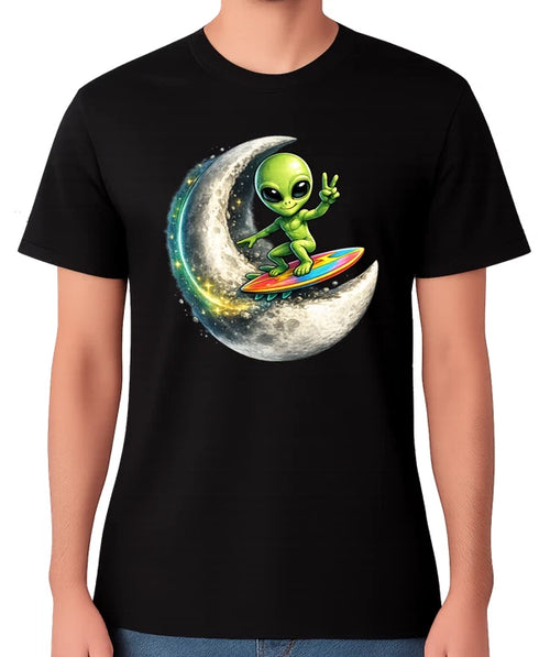 Alien Surfing Moon T-Shirt Funny Space UFO Cosmic Graphic Unisex Tee