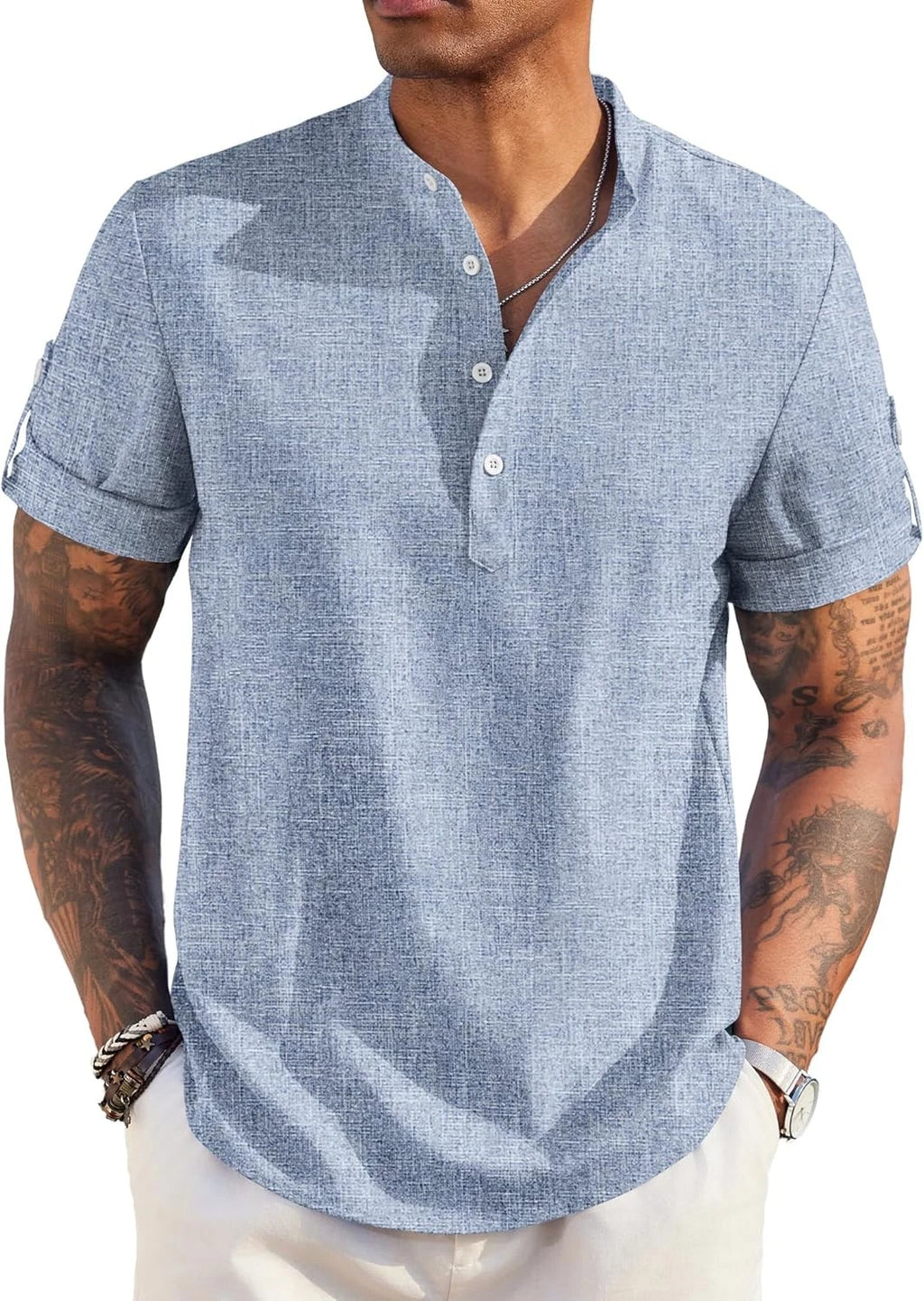 Coofandy T Shirt Short Sleeve Henley Linen With Band Collar Solid Mens Casual