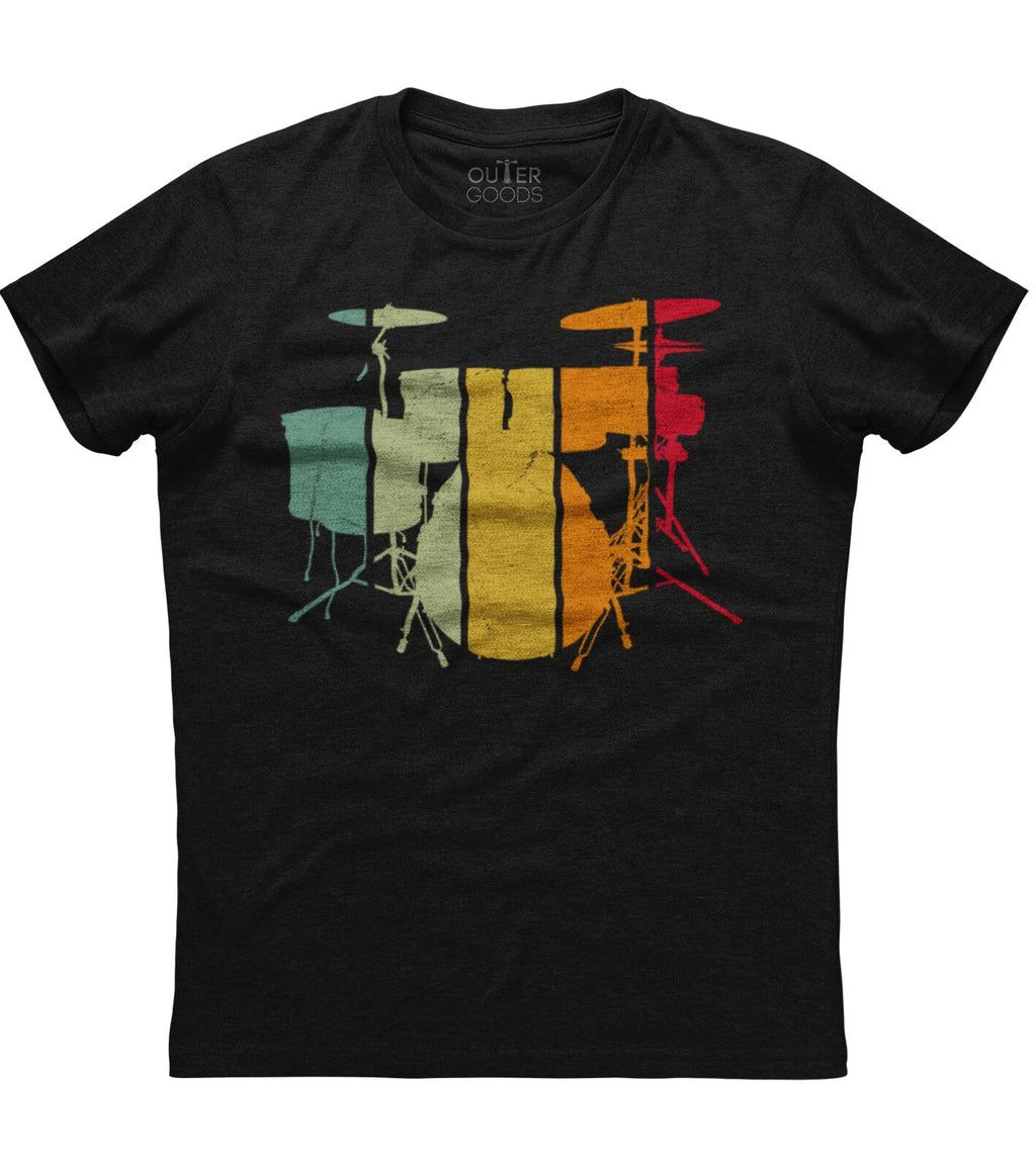Vintage Drummer Drumming Drum Set Printed Mens Short Sleeve Cotton Black T-shirt