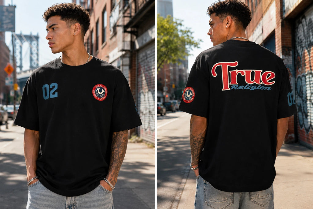 True Religion Black Graphic Tee Shirt Men’s Large Logo Back Patch Streetwear NWT