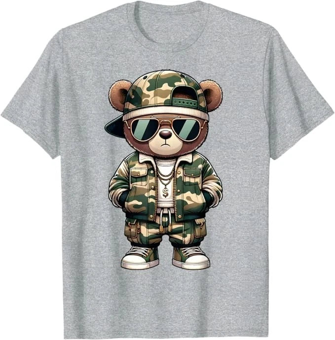 Camo Hip Hop Teddy Bear Camouflage Gangsta Streetwear Hustle T-Shirt