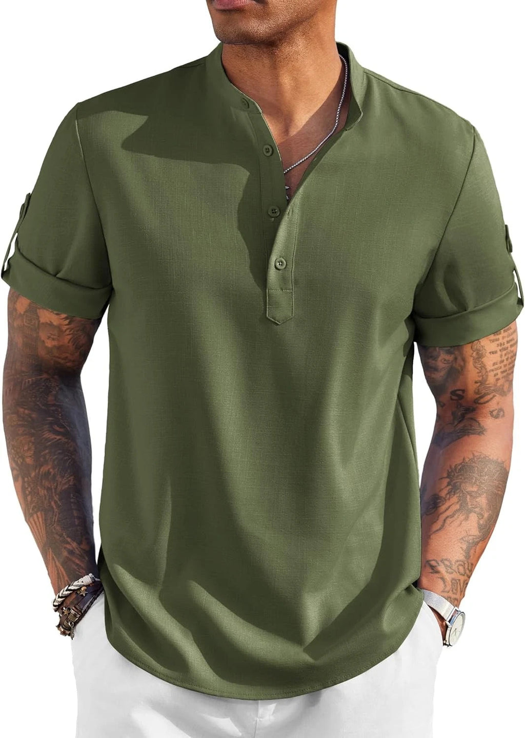 Coofandy T Shirt Classic Solid Mens Casual Henley Short Sleeve Band Collar
