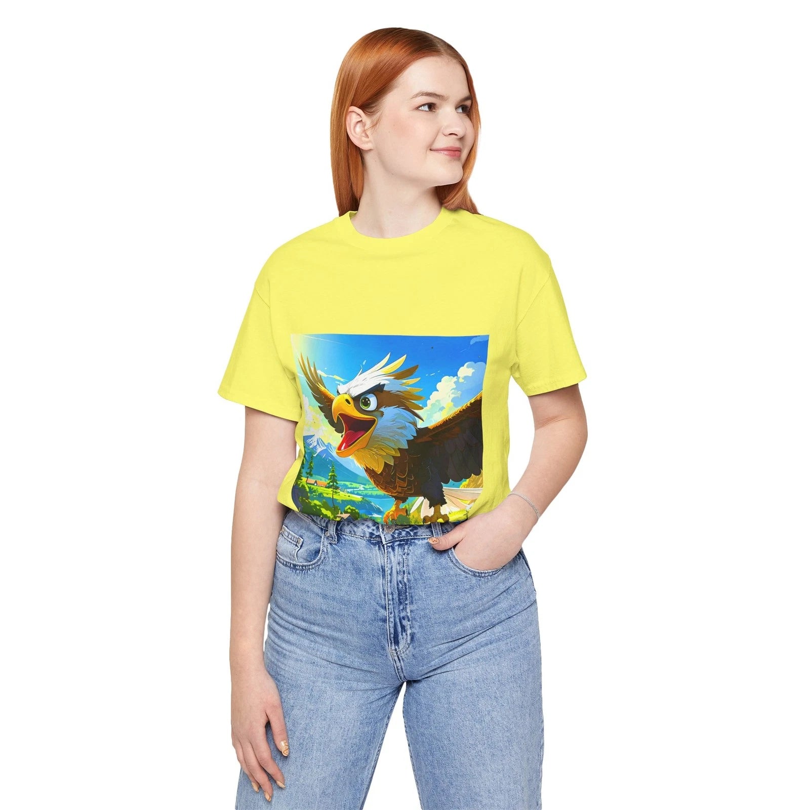 Cartoon Eagle Soaring T-Shirt | Scenic Mountain Landscape