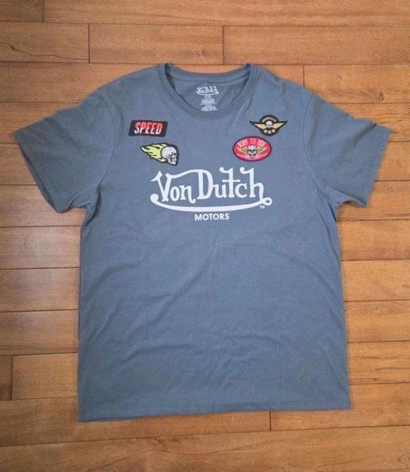 Von Dutch Men's Gray Logo Patch  short Sleeve Crewneck T Shirt Size  XL